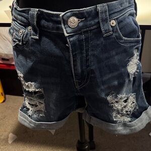 True Religion Blue Washed Denim Shorts with Patch Logo